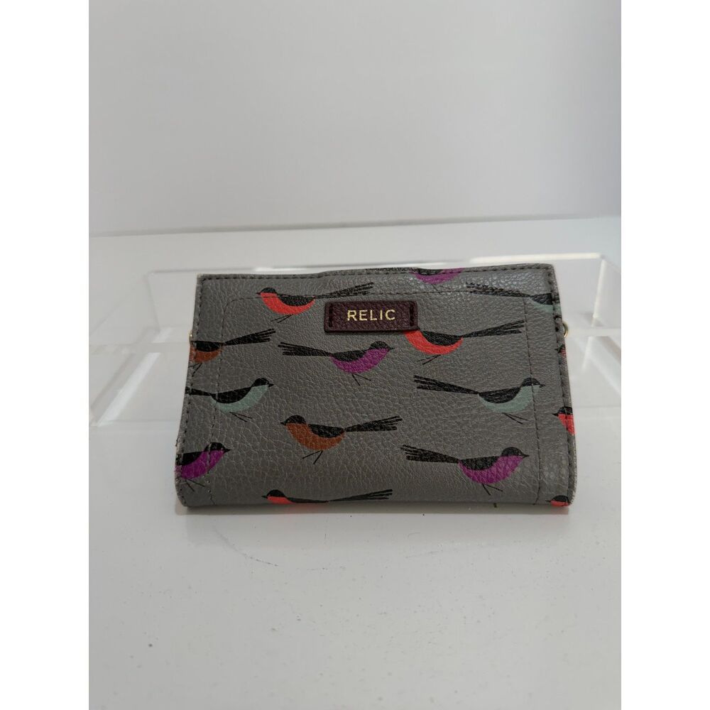 Relic Burgundy Multicolor Bird Pattern Zipper Coin ID Pockets Wallet EUc
